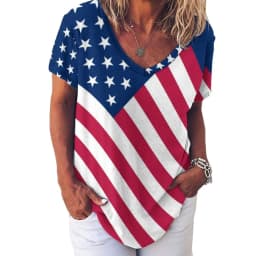 American Flag Red Blue T-Shirts Faux Sparkles Glitters Trendy Casual V Neck T Shirt Short Sleeve Kawaii Oversize Tees Print Tops