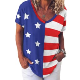 American Flag Red Blue T-Shirts Faux Sparkles Glitters Trendy Casual V Neck T Shirt Short Sleeve Kawaii Oversize Tees Print Tops
