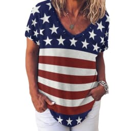 American Flag Red Blue T-Shirts Faux Sparkles Glitters Trendy Casual V Neck T Shirt Short Sleeve Kawaii Oversize Tees Print Tops