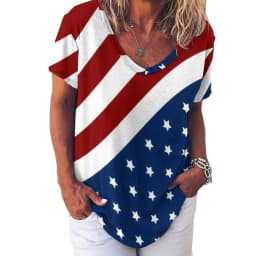American Flag Red Blue T-Shirts Faux Sparkles Glitters Trendy Casual V Neck T Shirt Short Sleeve Kawaii Oversize Tees Print Tops