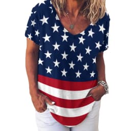 American Flag Red Blue T-Shirts Faux Sparkles Glitters Trendy Casual V Neck T Shirt Short Sleeve Kawaii Oversize Tees Print Tops