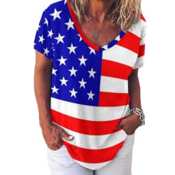 American Flag Red Blue T-Shirts Faux Sparkles Glitters Trendy Casual V Neck T Shirt Short Sleeve Kawaii Oversize Tees Print Tops