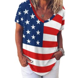 American Flag Red Blue T-Shirts Faux Sparkles Glitters Trendy Casual V Neck T Shirt Short Sleeve Kawaii Oversize Tees Print Tops
