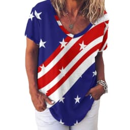 American Flag Red Blue T-Shirts Faux Sparkles Glitters Trendy Casual V Neck T Shirt Short Sleeve Kawaii Oversize Tees Print Tops
