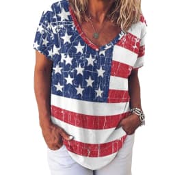 American Flag Red Blue T-Shirts Faux Sparkles Glitters Trendy Casual V Neck T Shirt Short Sleeve Kawaii Oversize Tees Print Tops