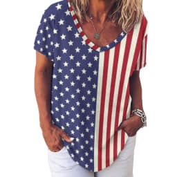 American Flag Red Blue T-Shirts Faux Sparkles Glitters Trendy Casual V Neck T Shirt Short Sleeve Kawaii Oversize Tees Print Tops