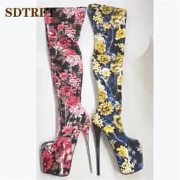 SDTRFT Ladies Shoes Red Pole Dancing 20cm Thin Heels Stiletto Over The Knee Long Boots Platform Women Pumps Flowers Botas Mujer