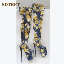 SDTRFT Ladies Shoes Red Pole Dancing 20cm Thin Heels Stiletto Over The Knee Long Boots Platform Women Pumps Flowers Botas Mujer