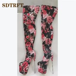 SDTRFT Ladies Shoes Red Pole Dancing 20cm Thin Heels Stiletto Over The Knee Long Boots Platform Women Pumps Flowers Botas Mujer