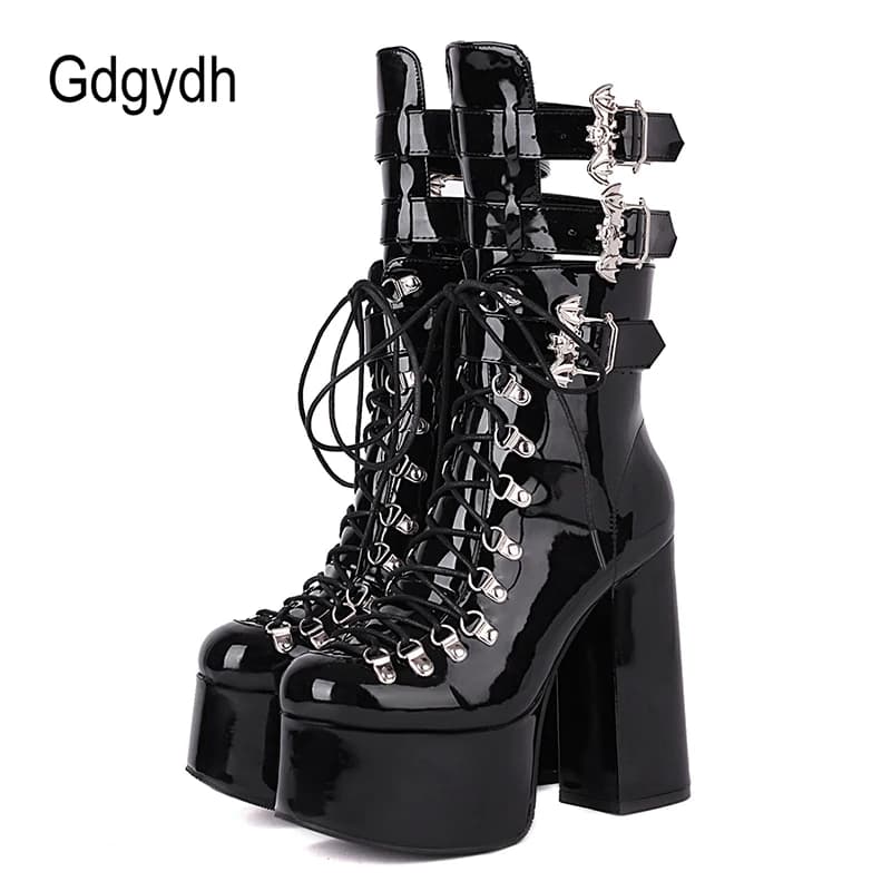 Gdgydh Gothic Style Black Platform Boots Bat Wings Sexy Clube Night Modern Boots Women Mid Calf Ankel Buckle Strap Plus Size 46