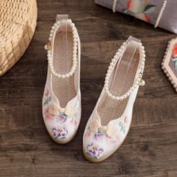 Women Vintage Pearls Ankle Strap Pump Ladies Ethnic Embroidered High Heels Spring Mary Jane Block Heel Dress Shoes for Female