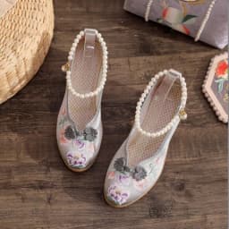 Women Vintage Pearls Ankle Strap Pump Ladies Ethnic Embroidered High Heels Spring Mary Jane Block Heel Dress Shoes for Female