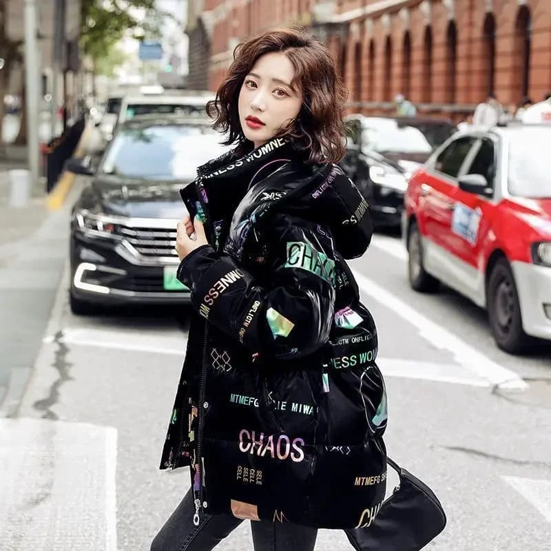 Disposable Shiny Down Padded Jacket Women's Mid-length 2025 New Winter Loose Printing Fashionable Women's Style To Overcome