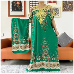 2 Pieces Africa Dashiki Floral Printing Loose Cotton Caftan Lady Summer Maxi Casual Dresses With Scarf  Vestidos Short Sleeve