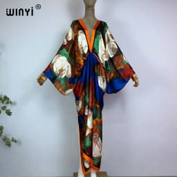 WINYI New Fashion Bohemian Deep V-neck Floral Europea For Lady Free Size Loose Batwing Holiday Beach Cover Up Party Kaftan Dress