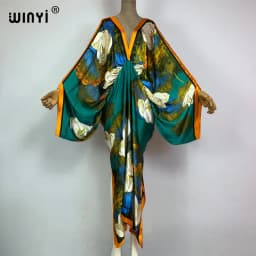 WINYI New Fashion Bohemian Deep V-neck Floral Europea For Lady Free Size Loose Batwing Holiday Beach Cover Up Party Kaftan Dress