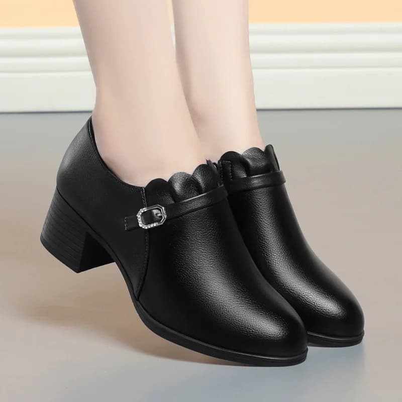 New Spring Autumn Women's Concise Single Shoes Round Toe Thick Heel Soft Leather Modern Retro Elegant Casual Shoes