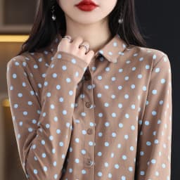 Women's New 100% Cotton Soft Sweater Polka-dot Knitted Polo Collar Long Sleeve Cardigan Spring Summer Shirt Ladies' Blouse Top