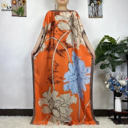 2023 New African Fashion Short Sleeve Colored Pattern Dubai Women Summer Real Silk Soft Printing Loose Tradition Muslim Dress