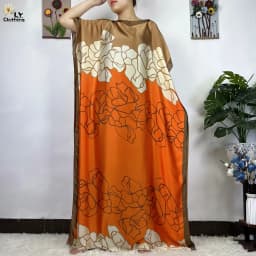 2023 New African Fashion Short Sleeve Colored Pattern Dubai Women Summer Real Silk Soft Printing Loose Tradition Muslim Dress