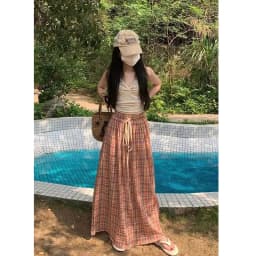 Lucyever Vintage Y2K Plaid Skirts Women Harajuku Streetwear Drawstring Long Skirt Woman Summer Elastic High Waist A-Line Skirts