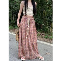 Lucyever Vintage Y2K Plaid Skirts Women Harajuku Streetwear Drawstring Long Skirt Woman Summer Elastic High Waist A-Line Skirts