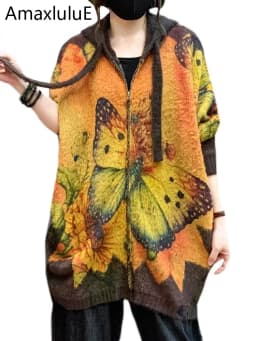 Amax luluE 2024 Luxury Warm Knitwear Fall Women Printed Loose Fashion Hooded Cardigans Ladies Classic Leisure Oversized Sweaters