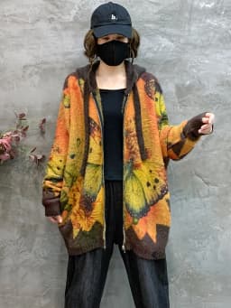 Amax luluE 2024 Luxury Warm Knitwear Fall Women Printed Loose Fashion Hooded Cardigans Ladies Classic Leisure Oversized Sweaters