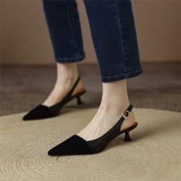 Black Sandals Women 2026 Summer Genuine Leather Slingback Elegant Mid Heel Pointed Comfortable Light Female Shoes Big Size 42