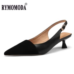 Black Sandals Women 2026 Summer Genuine Leather Slingback Elegant Mid Heel Pointed Comfortable Light Female Shoes Big Size 42