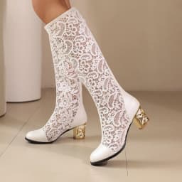 Plus Size Breathable Lace Mesh Patchwork PU Breathable Summer Women's Knee Boots Metal Thick Heels Zipper Sweet Boots