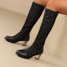 Plus Size Breathable Lace Mesh Patchwork PU Breathable Summer Women's Knee Boots Metal Thick Heels Zipper Sweet Boots