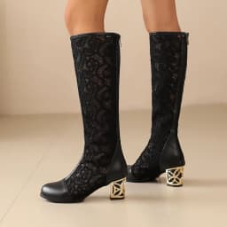 Plus Size Breathable Lace Mesh Patchwork PU Breathable Summer Women's Knee Boots Metal Thick Heels Zipper Sweet Boots
