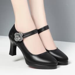 Women's Pumps Pointed Toe Office Soft Leather Flower Buckle Strap Platform High Heels Four Season Shallow Mouth Single Shoes