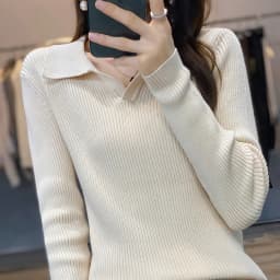 Autumn Winter New Ladies Elegant 100% Cotton Sweater Casual Polo Collar Pullover Knitted Sweater Slim Bottoming Tops Commuter