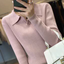 Autumn Winter New Ladies Elegant 100% Cotton Sweater Casual Polo Collar Pullover Knitted Sweater Slim Bottoming Tops Commuter