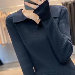 Autumn Winter New Ladies Elegant 100% Cotton Sweater Casual Polo Collar Pullover Knitted Sweater Slim Bottoming Tops Commuter