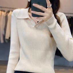 Autumn Winter New Ladies Elegant 100% Cotton Sweater Casual Polo Collar Pullover Knitted Sweater Slim Bottoming Tops Commuter
