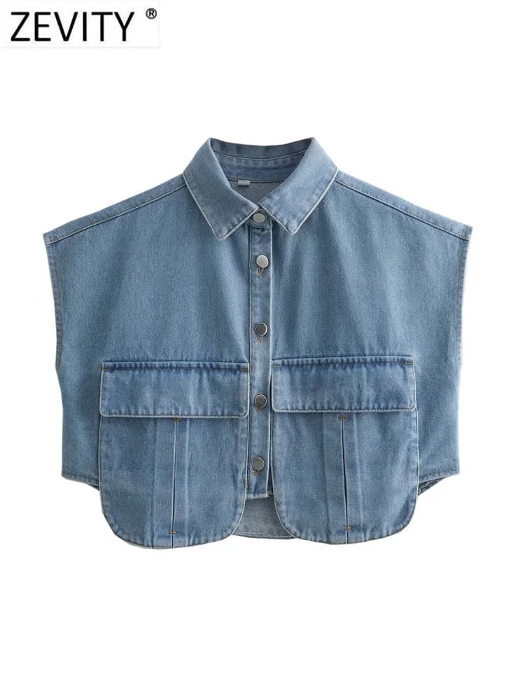 Zevity Women Fashion Solid Color Double Pocket Patch Short Denim Blouse Female Button Shirt Chic Chemise Crop Blusas Tops LS5015