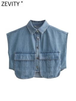 Zevity Women Fashion Solid Color Double Pocket Patch Short Denim Blouse Female Button Shirt Chic Chemise Crop Blusas Tops LS5015
