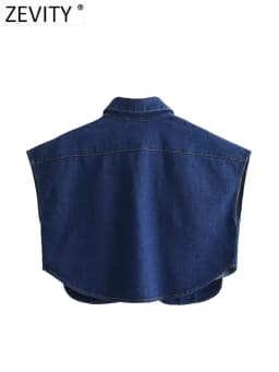 Zevity Women Fashion Solid Color Double Pocket Patch Short Denim Blouse Female Button Shirt Chic Chemise Crop Blusas Tops LS5015
