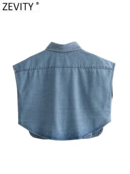 Zevity Women Fashion Solid Color Double Pocket Patch Short Denim Blouse Female Button Shirt Chic Chemise Crop Blusas Tops LS5015