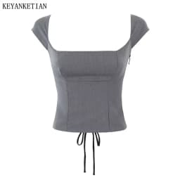 KEYANKETIAN New Launch Women's Cross Lace Up Backless Crop Top Stylish Sexy Slash neck Short Sleeve Corset Gray Short Camis