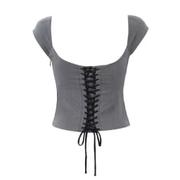 KEYANKETIAN New Launch Women's Cross Lace Up Backless Crop Top Stylish Sexy Slash neck Short Sleeve Corset Gray Short Camis