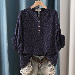 New Spring 100% Cotton Casual Shirt Women Batwing Sleeve Stand Collar Printed Top Girl OL Loose Blouses 2024 Summer T447104QM