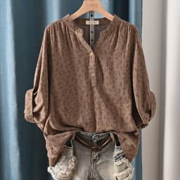 New Spring 100% Cotton Casual Shirt Women Batwing Sleeve Stand Collar Printed Top Girl OL Loose Blouses 2024 Summer T447104QM