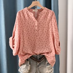 New Spring 100% Cotton Casual Shirt Women Batwing Sleeve Stand Collar Printed Top Girl OL Loose Blouses 2024 Summer T447104QM