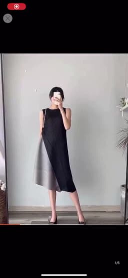 Miyake Pleated Dress Mid-length Fake Two-way Stitching Design Casual Loose Self-Cultivation Skirt Black and Gray 2021 Summer New