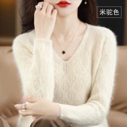 100% Mink Cashmere Women's Sweater Knitted Long Sleeve Pullover V-Neck Loose Underlay Soft Fashion Women's Top