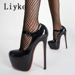 Liyke 2026 Spring Autumn Women Platform Pumps Black Round Toe Buckle Strap 17CM Super High Heels Pole Dance Shoes Stiletto Mujer